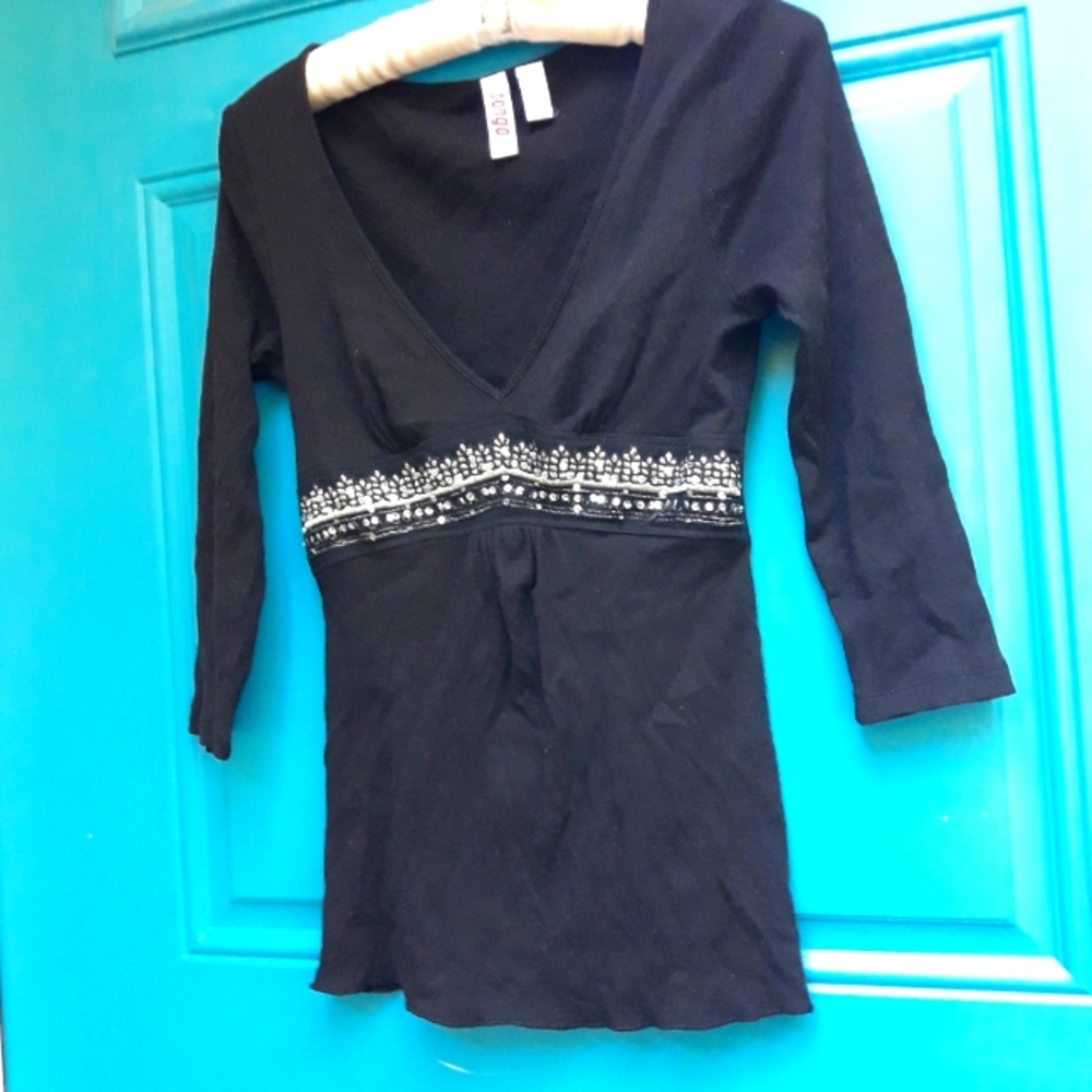 Vintage Tee Shirt VNeck 3/4 Length Sleeves All Cotton Tshirt Silver Sequin sz M